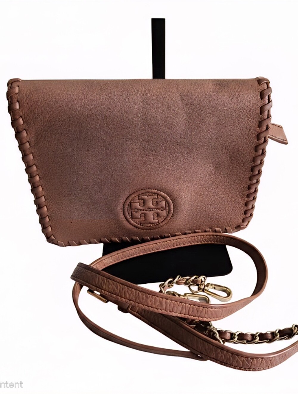 Tory Burch Brown Whipstitch Leather Crossbody with Chain Strap